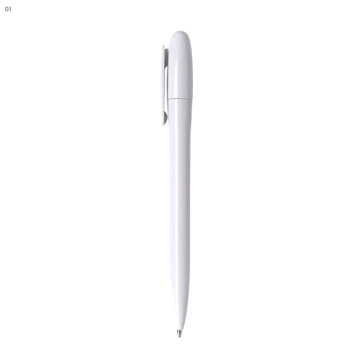 A white plastic pen with a sleek design and a clip, featuring a simple logo branding.