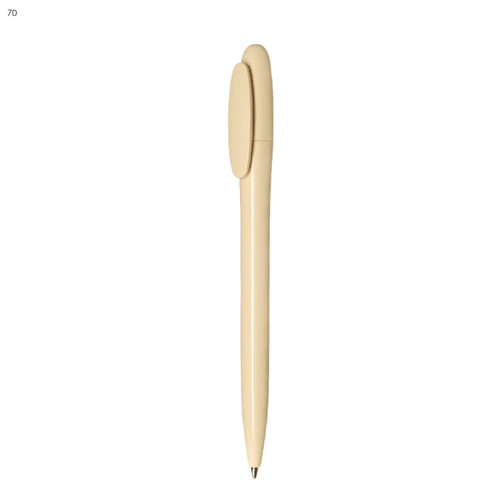 A plastic pen in a beige colour with a unique, curved cap design and a branding logo.
