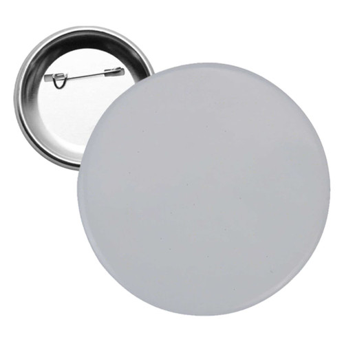 A round 25mm button badge in white with a metal backing and pin for attachment.