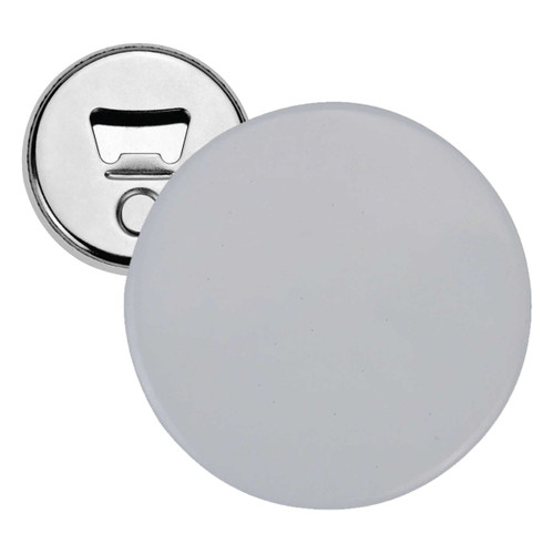 A drink bottle opener featuring a silver magnet back and a plain white badge front. It includes a bottle opener mechanism.