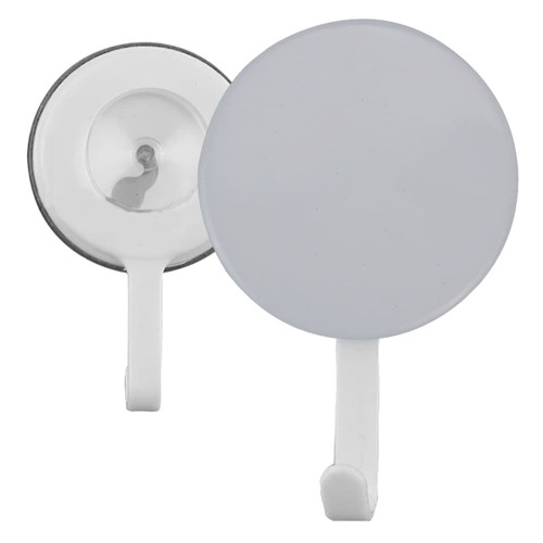 A grey button badge with a white hook on the back, featuring a smooth, rounded surface and a suction cup.