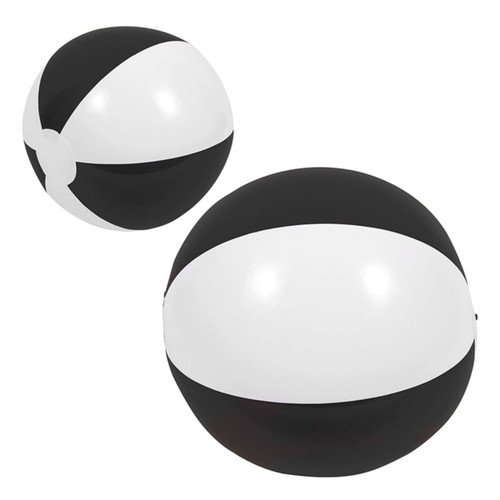 A beach ball in black and white, featuring a smooth surface and round shape, with a logo visible on it.
