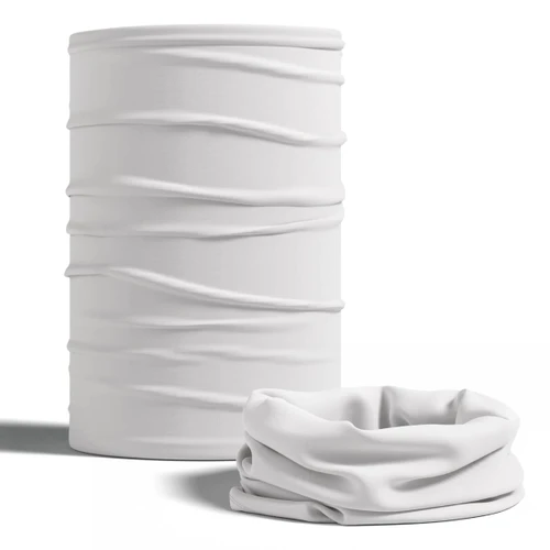 A white tubular bandana with a textured design, displayed in a cylindrical form and a flat, gathered shape.