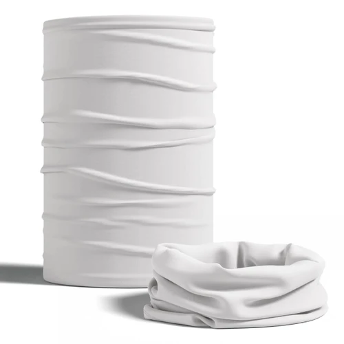 A white tubular bandana with a textured design, presented in a cylindrical shape and a folded format.