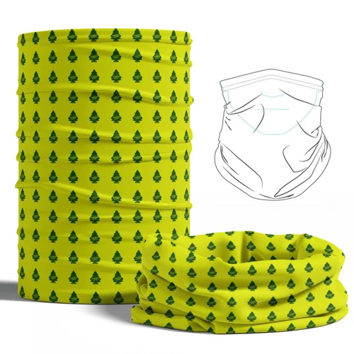 A yellow tubular bandana with green tree patterns, displayed in a stacked and laid-out position.