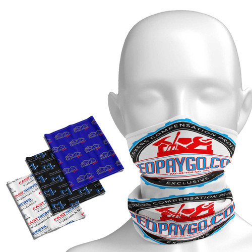 A mannequin displays a Coolmax bandana in white with a logo, alongside three smaller bandanas in blue and black patterns.