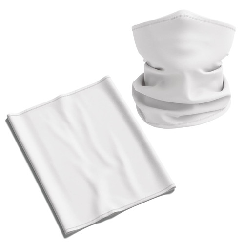 A white Coolmax bandana displayed flat alongside a styled neck gaiter, both featuring a logo.