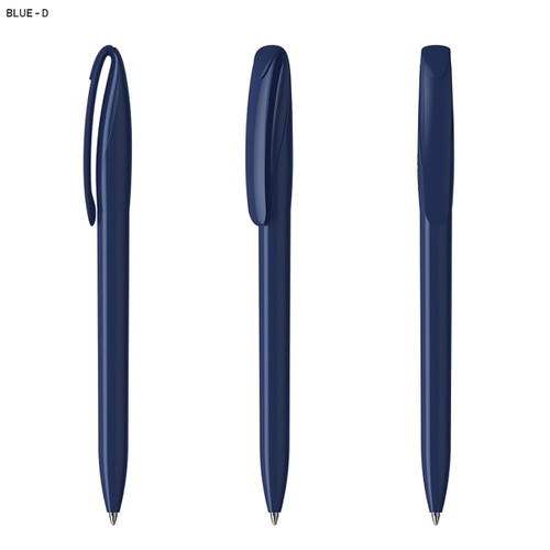 A set of navy blue plastic pens with a sleek design and clip feature, showcasing three different angles.