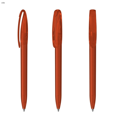 A set of three transparent orange plastic pens with clips, featuring a sleek design and a shiny finish.