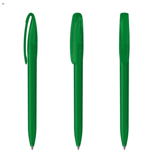 A set of green plastic pens with a simple design and a clip on each pen. The pens have a glossy finish.