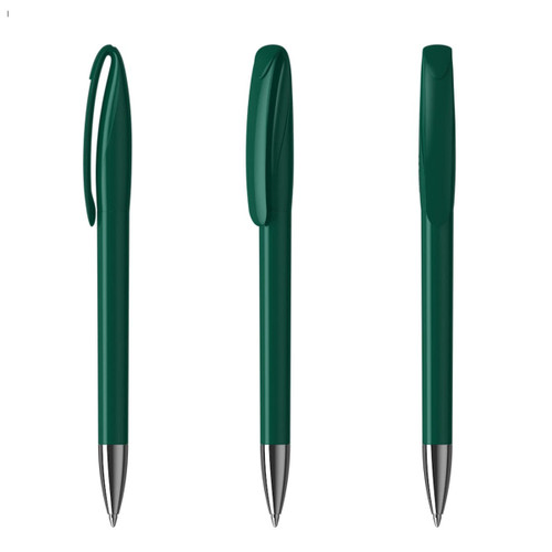 A set of green plastic pens with a clip and a smooth barrel design, featuring a metallic tip.
