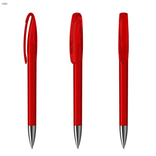 A set of three transparent red plastic pens with silver tips and clips. Each pen has a smooth, sleek design.