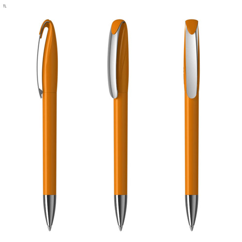 An orange plastic pen with a silver clip, featuring a sleek design. Multiple angles are displayed.