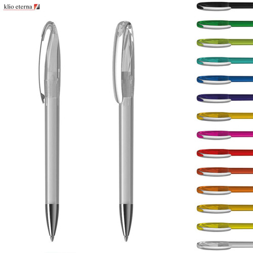 Transparent plastic pens in various colours, displayed alongside a pen with a clear barrel and black tip. Features branding.