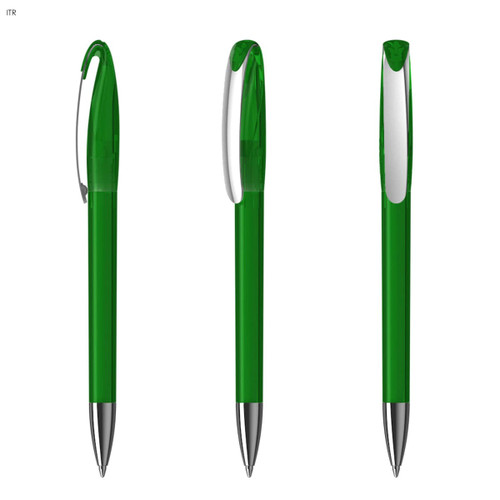A green plastic pen with a transparent body and a silver clip, displayed from three different angles.