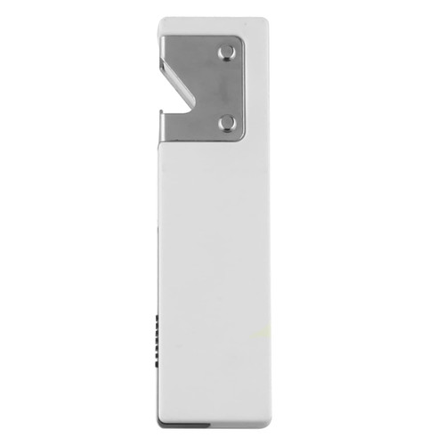 A drink bottle opener in white with a stainless steel top and a simple, sleek design. Features a branding logo.
