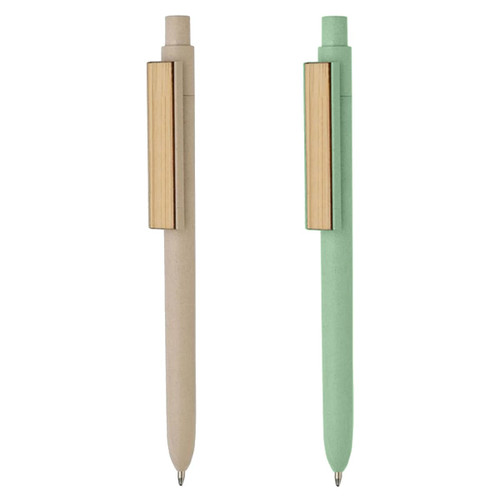 A bamboo fibre pen in beige and a green variant, featuring a sleek metal clip and a simple design.