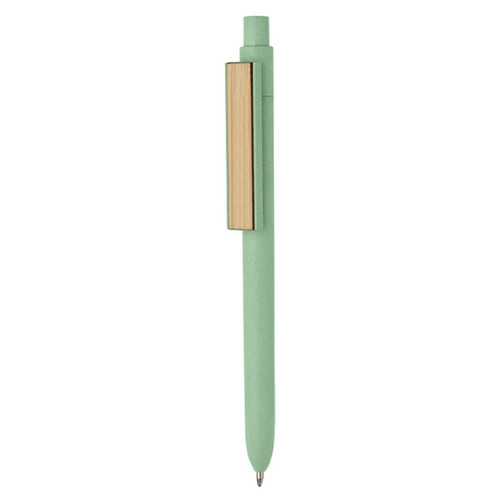 A bamboo fibre pen in a soft green colour with a wooden clip, featuring a simple and modern design.