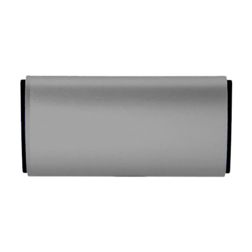 A silver car air freshener with a sleek design. It has a black accent and features a logo.