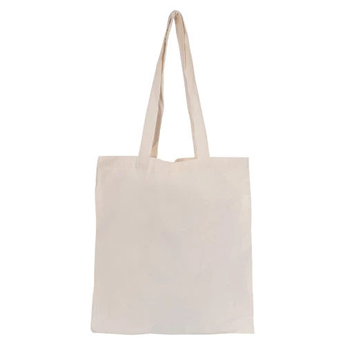 A plain natural-coloured tote bag with two handles and no gusset, featuring a logo on one side.