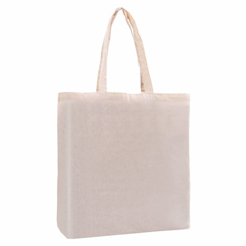 A beige calico tote bag with gussets and matching handles. It features a logo on one side.