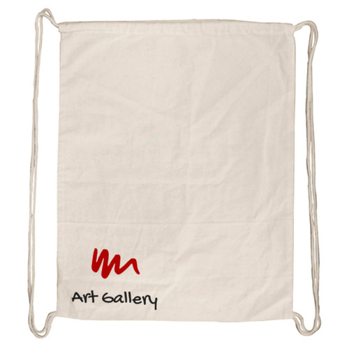 A cream drawstring bag with a logo and text at the bottom, featuring white drawstrings.