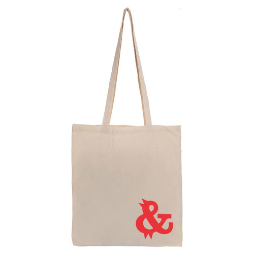 A beige tote bag with long handles featuring a red logo.