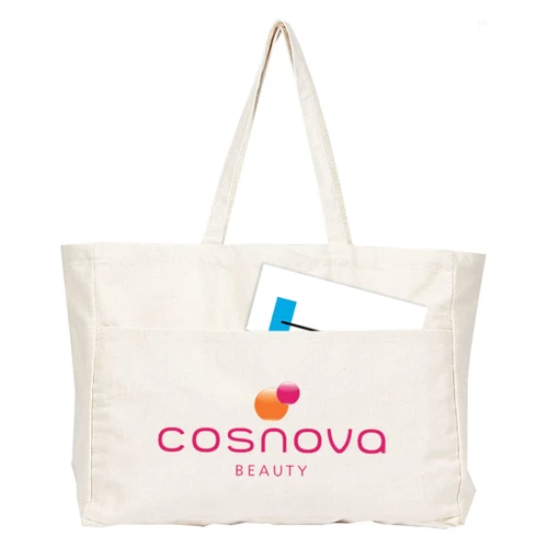A large cream tote bag with handles, featuring a pocket and a logo in pink and orange.