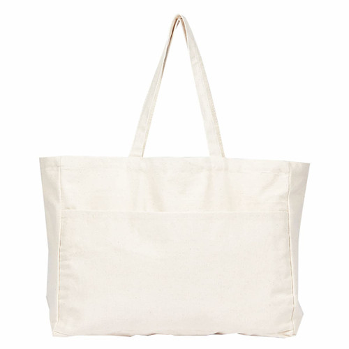 A large, cream-coloured tote bag with two sturdy handles and a front pocket. It features a branding logo.
