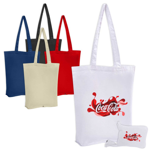 A collection of foldable calico tote bags in various colours: black, navy, red, cream, and white, featuring a logo on one bag.