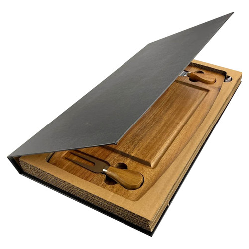 A wooden cheese board and knife set displayed in a black box, featuring a natural wood finish and utensils.