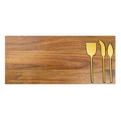 A wooden cheeseboard featuring three gold-coloured cheese knives. The board has a natural finish and smooth surface.