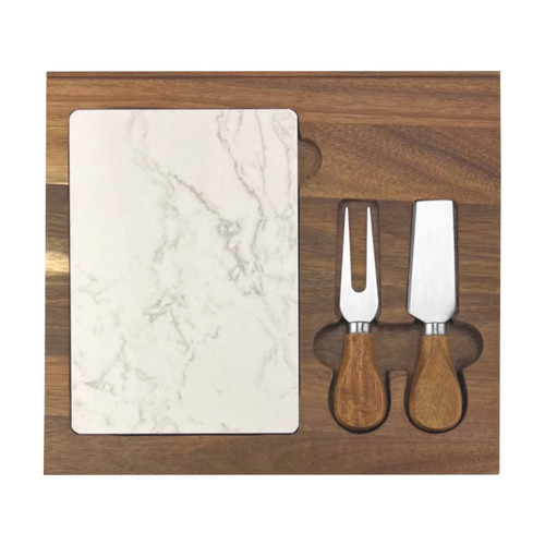 A marble cheeseboard with a wooden base and two knives featuring wooden handles.