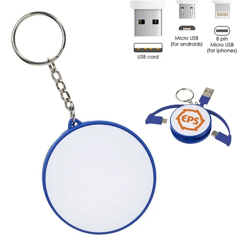 A blue charging cable key ring featuring multiple connectors, including USB, micro USB, and an 8-pin connector.