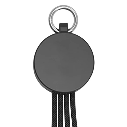 A drink bottle opener in black, featuring a ring attachment and a charging cable.