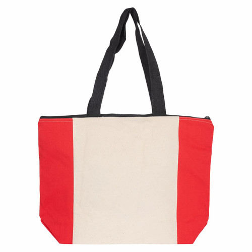 A tote bag with a cream body, red side panels, and black handles, featuring a zip closure and a logo.