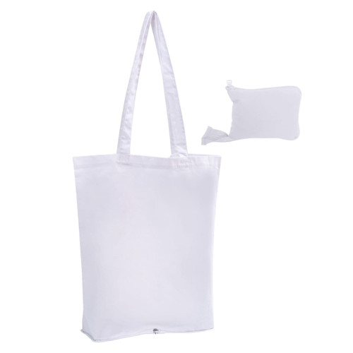 A white foldable calico tote bag with long handles, alongside a compact pouch for storage.