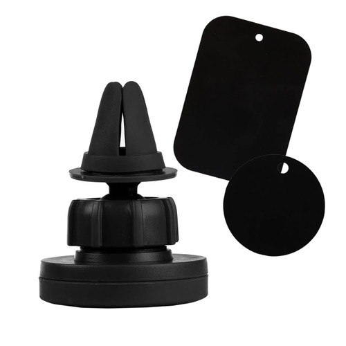 A black car mobile holder featuring a clip and two mounting plates for smartphones.
