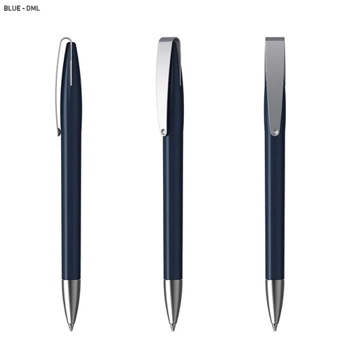 A blue plastic pen with a shiny silver clip, displayed from three angles. It features a sleek design and has a logo.