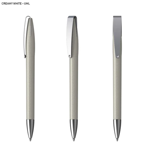 A creamy white plastic pen with a sleek silver clip and tip, featuring three different angles for display.