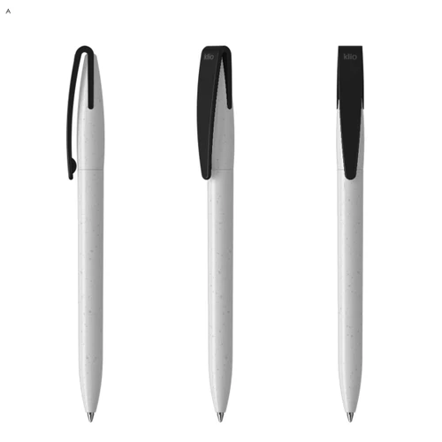Three plastic pens in a light grey colour with black clips and branding on the side.