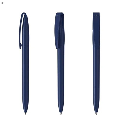 A set of three blue plastic pens with clips, featuring a sleek design and a simple logo.