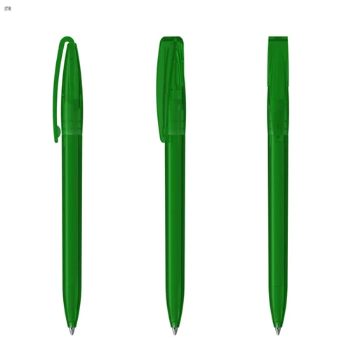 A set of three transparent green plastic pens with clip and cap features. Each pen is sleek and streamlined in design.