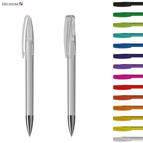 A transparent plastic pen with a black tip, featured alongside various coloured pen options. It has a logo.