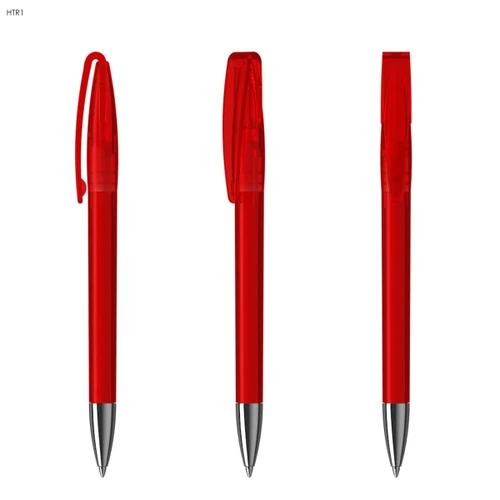 A set of three transparent red plastic pens with silver tips and clips, displayed from different angles.
