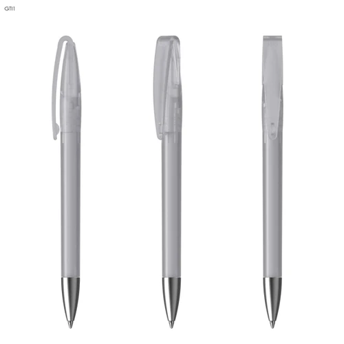 A set of three plastic pens in clear and silver, featuring a clip and a sleek design. Each pen has a logo.