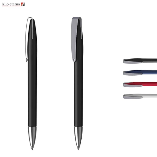 A black plastic pen with a silver clip, displayed from multiple angles, alongside coloured ink options. It features a logo.