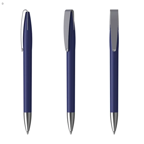 A blue plastic pen with a silver clip, displayed from three angles. The pen features a sleek design.