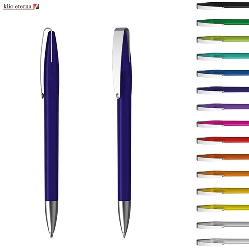 A metal pen in navy blue with a silver clip, displayed alongside a variety of colourful writing options.