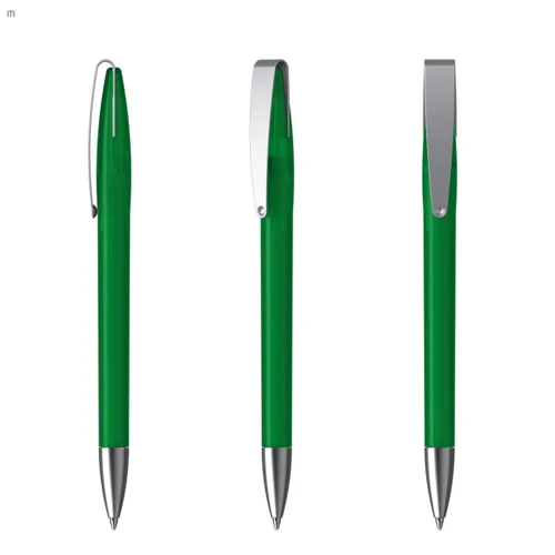 A green metal pen with a silver clip, displayed from three different angles.